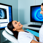 A professional female orthodontist, wearing a pristine white lab coat and modest scrubs, is gently performing a high-tech 3D intraoral scan on a male patient. The patient is sitting comfortably in a modern dental chair. In the background, a large digital screen displays a detailed, real-time 3D model of the patient's teeth. The clinic environment is bright, clean, and futuristic, with sleek equipment. The scene emphasizes precision, comfort, and advanced technology in dental care. Fully clothed, appropriate attire, modest clothing, professional dress, safe for work, appropriate content, perfect anatomy, correct proportions, natural pose, well-formed hands, proper finger count, natural body proportions, professional photography, high quality, family-friendly.