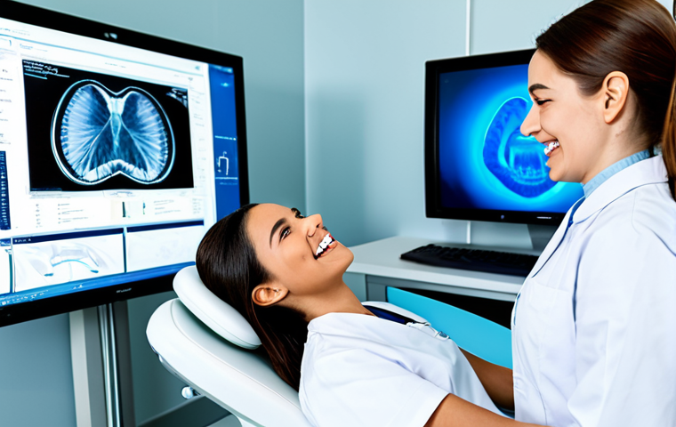 A professional female orthodontist, wearing a pristine white lab coat and modest scrubs, is gently performing a high-tech 3D intraoral scan on a male patient. The patient is sitting comfortably in a modern dental chair. In the background, a large digital screen displays a detailed, real-time 3D model of the patient's teeth. The clinic environment is bright, clean, and futuristic, with sleek equipment. The scene emphasizes precision, comfort, and advanced technology in dental care. Fully clothed, appropriate attire, modest clothing, professional dress, safe for work, appropriate content, perfect anatomy, correct proportions, natural pose, well-formed hands, proper finger count, natural body proportions, professional photography, high quality, family-friendly.